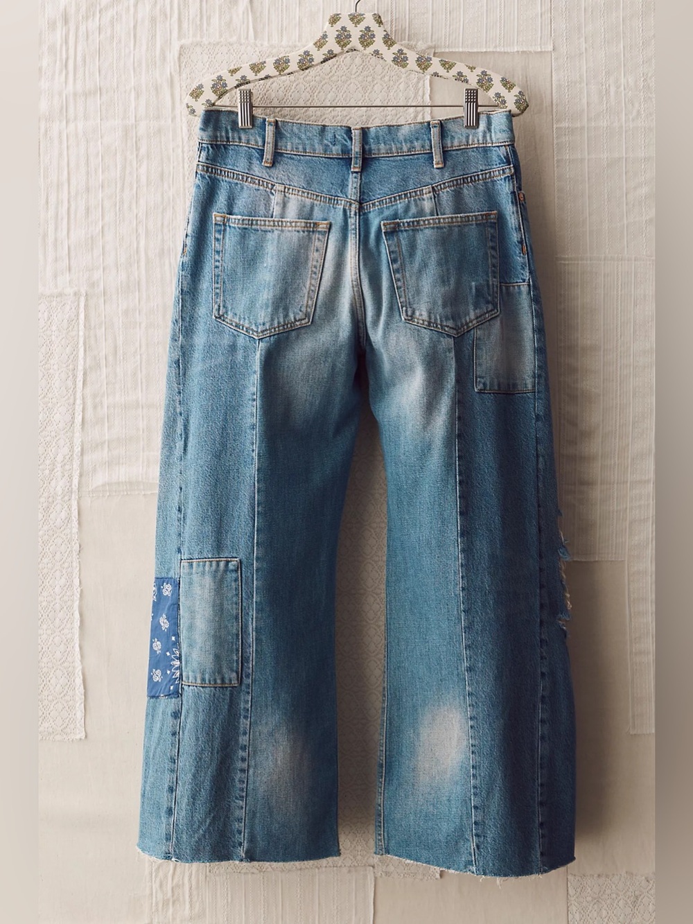 Free People Vintage The Originals Patched Cropped Bandana Denim Jeans - Picture 2 of 9